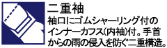 袖口にゴムシャーリング付のインナーカフス(内袖)付。手首からの雨の侵入を防ぐ二重構造。