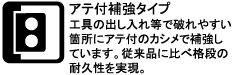 工具の出し入れ等で破れやすい箇所にアテ付のカシメで補強しています。従来品に比べ格段の耐久性を実現。