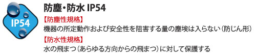 防塵性規格機器の所定動作および安全性を阻害する量の塵埃は入らない(防塵形)防水性規格水の飛まつ(あらゆる方向からの水の飛まつ)に対して保護する