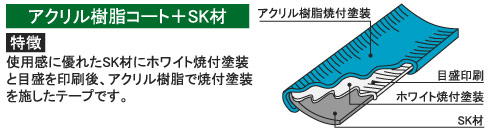 使用間に優れたSK材にホワイト焼付塗装と目盛を印刷後、アクリル樹脂で焼付塗装を施したテープです。