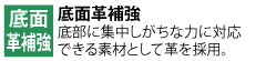 底部に集中しがちな力に対応できる素材として革を採用。より過酷な使用環境や長期使用に耐えられるように補強。