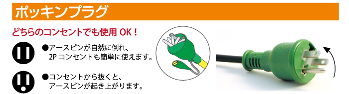 アースピンが倒れるので、コンセントが2芯にも対応できます。