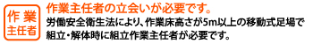 作業主任者の立会いが必要です。 労働安全衛生法により、作業床高さが5m以上の移動式足場で組立・解体時に組立作業主任者が必要です。