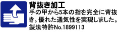 手の甲から5本の指を完全に背抜き。優れた通気性を実現しました。製法特許No.1899113