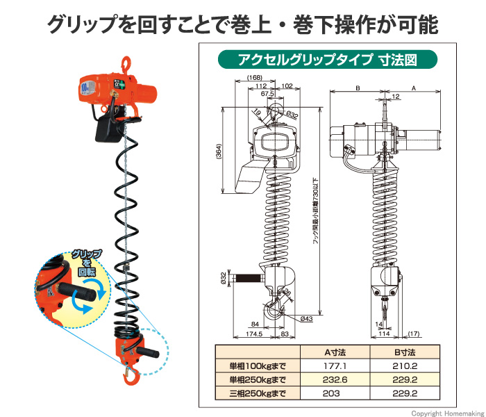 小型電気チェーンブロック アルファ型 アクセルグリップタイプ 単相100V(二速)