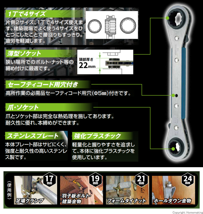 ハマコＳ．Ｓ ＨＡＭＡＣＯ ラチェットレンチ 二面幅寸法（ｍｍ