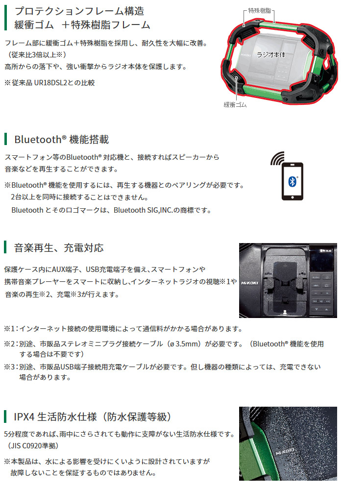 プロテクションフレーム構造　音楽再生、充電対応　IPX4 生活防水仕様（防水保護等級）