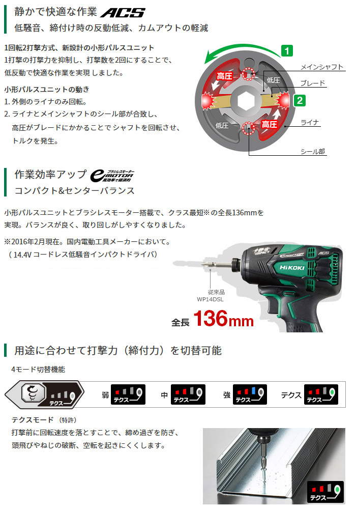 ハイコーキ  コードレス静音インパクトドライバ電池×2