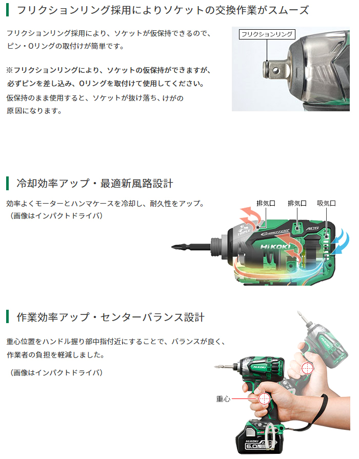 フリクションリング採用によりソケット交換作業がスムーズ