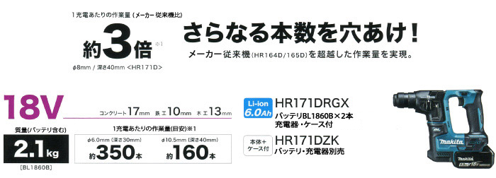 マキタ 18V 17mm充電式ハンマドリル (6.0Ah電池×2・充電器・ケース付): 他:HR171DRGX |ホームメイキング【電動工具・大工道具・工具・建築金物・発電機の卸値通販】