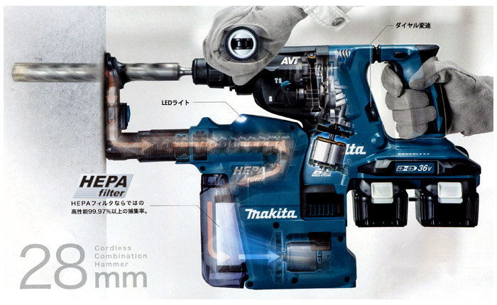 マキタ 18V×2 28mm充電式ハンマドリル(無線連動対応・6.0Ah電池×2・2口
