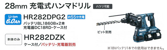 マキタ 18V×2 28mm充電式ハンマドリル(無線連動対応・6.0Ah電池