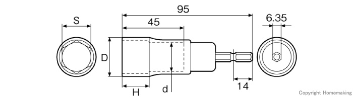 電動ドリル用アルファソケット　6角　寸法図