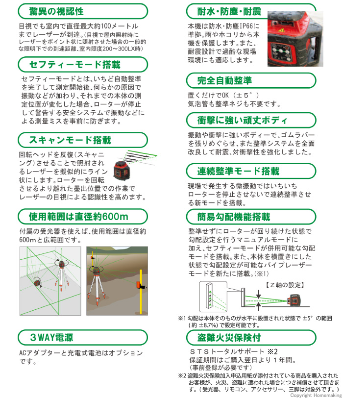 縦・横回転グリーンレーザーレベル　特長