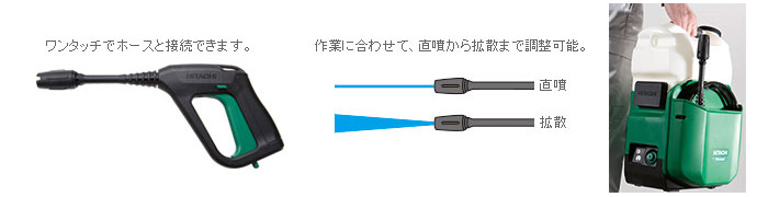 ショートノズルで取り回しがよくワンタッチでホースと接続できます