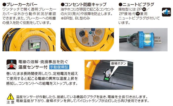 ハタヤ BR型 単相100V型ブレーカーリール 30m 温度センサー・アースチェック付 TBR-301KG - 2