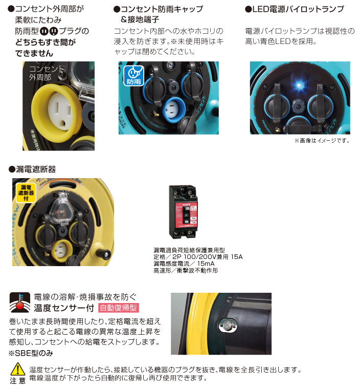 防雨型レインボーリール(100V・漏電遮断器付) 接地付 30m 特長