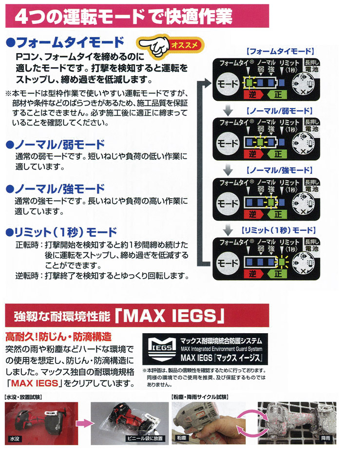 4つの運転モードで快適作業　MAX IEGS