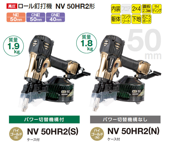 HiKOKI(ハイコーキ) 高圧ロール釘打機 パワー切替機構・エアダスタ付 NV90HR2(S) 針金90mm シート50mm ハイゴールド - 1