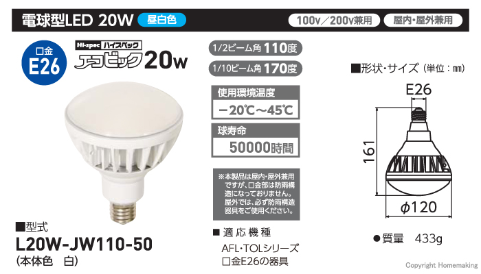 エコビックLED投光器20W　TOL 型　交換球