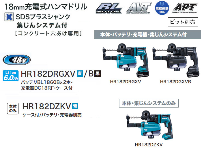 18V 18ミリ充電式ハンマドリルHR182D　集じんシステム付　コンクリート穴あけ専用