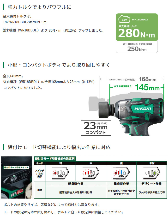 ハイコーキ 18V コードレスインパクトレンチ(マルチボルト2.5Ah[18V-5.0Ah]電池×2・充電器・ケース付): 他:WR18DBDL2( 2LXPK)|ホームメイキング【電動工具・大工道具・工具・建築金物・発電機の卸値通販】