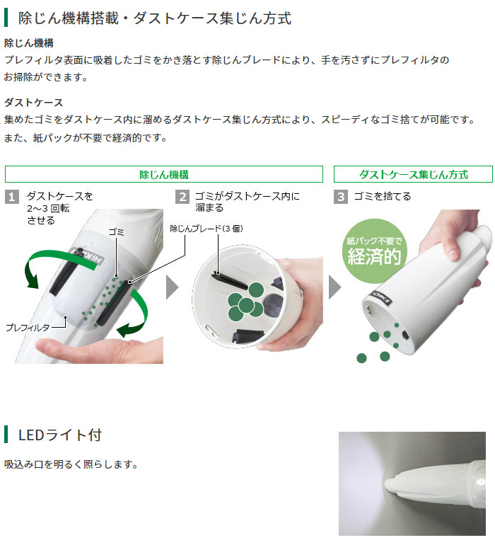 除じん機構搭載 ダストケース集じん方式 LEDライト付 除じん機構搭載 ダストケース集じん方式 LEDライト付