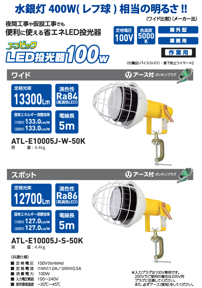 NICHIDO(日動) エコビックLED投光器100W(屋外型) ワイド型 5m(アース付