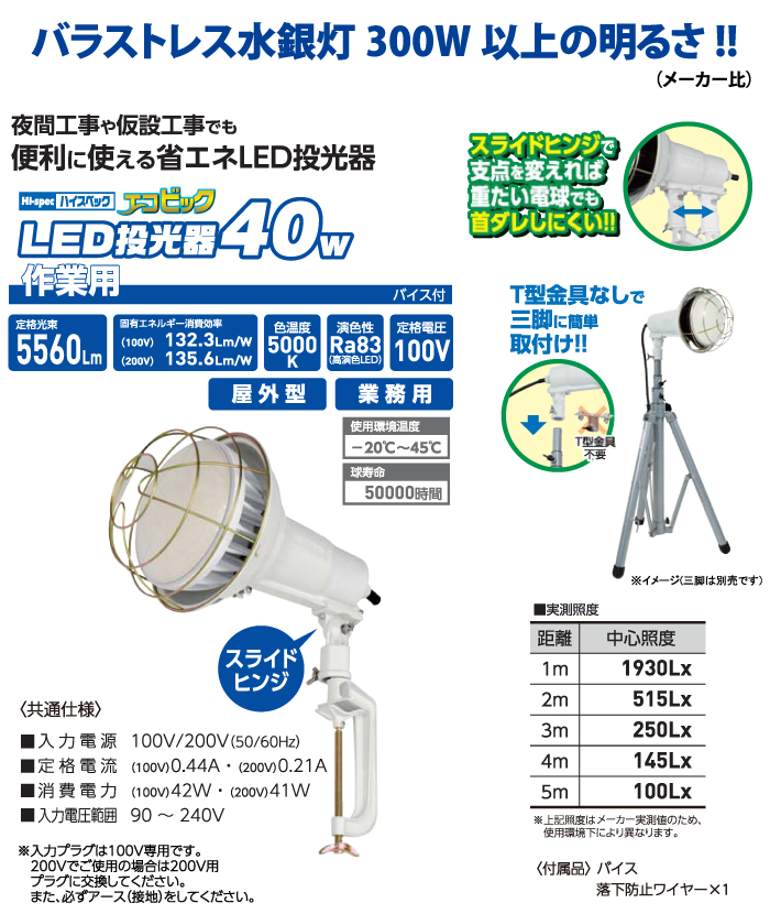 NICHIDO(日動) エコビックLED投光器40W(屋外型) 5m(2芯 