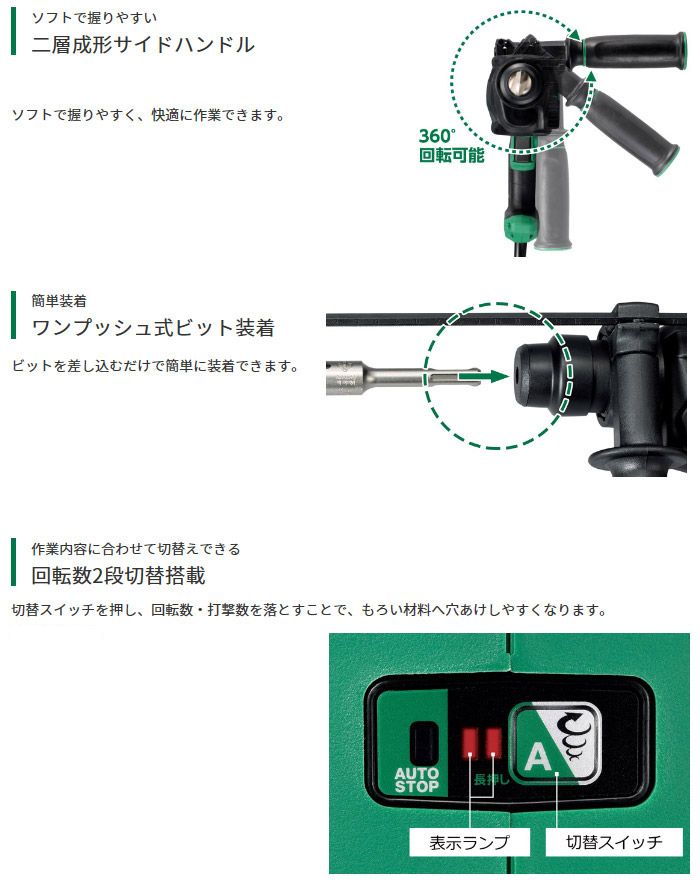 二層成形サイドハンド　ワンプッシュ式ビット装着　回転数2段切替搭載 