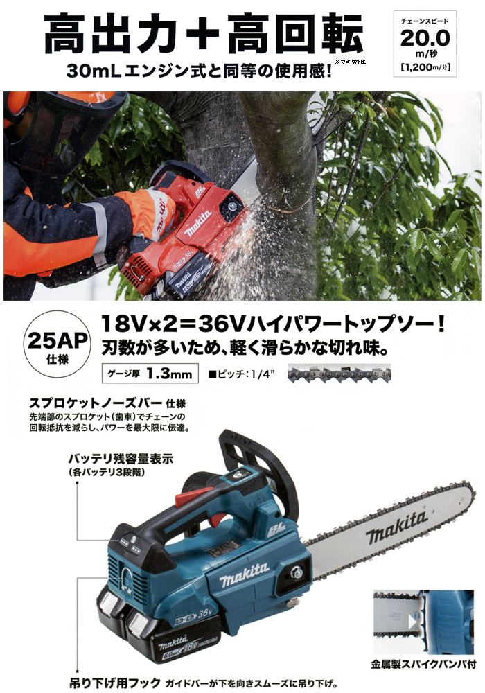 マキタ 18V×2 充電式チェンソー ガイドバー長さ350mm(6.0Ah電池×2・2口