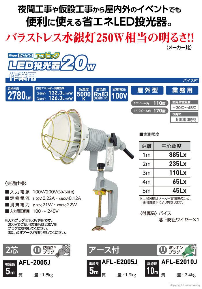 モデル着用＆注目アイテム エコビックLED投光器50W 昼白色 E付 5M AFL-E5005J 日動工業