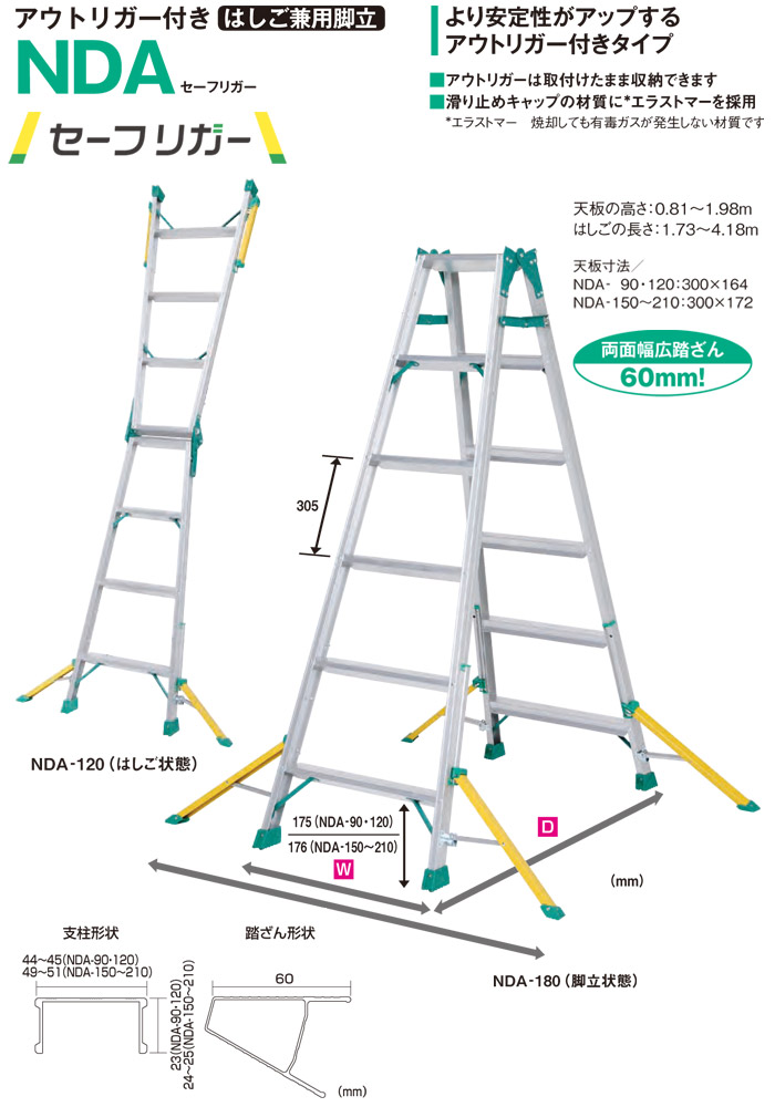 ピカコーポ ピカコーポレイション はしご兼用脚立 NDA-90 3尺 天板高さ:0.81mPica ピカ アウトリガー付き 【法人・事業所限定