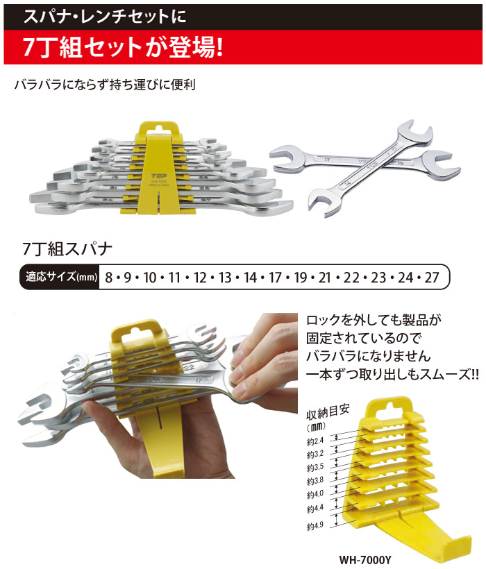 バラバラにならず持ち運びに便利！7丁組スパナ