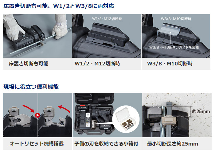床置き切断も可能、W1/2とW3/8に両対応 床置き切断も可能、W1/2とW3/8に両対応