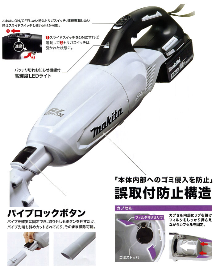 スライド+トリガスイッチ 誤取付防止構造 パイプロックボタン スライド+トリガスイッチ 誤取付防止構造 パイプロックボタン