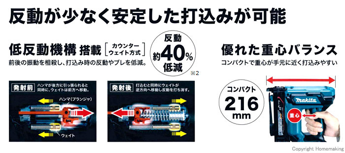 低反動機構　優れた重心バランス