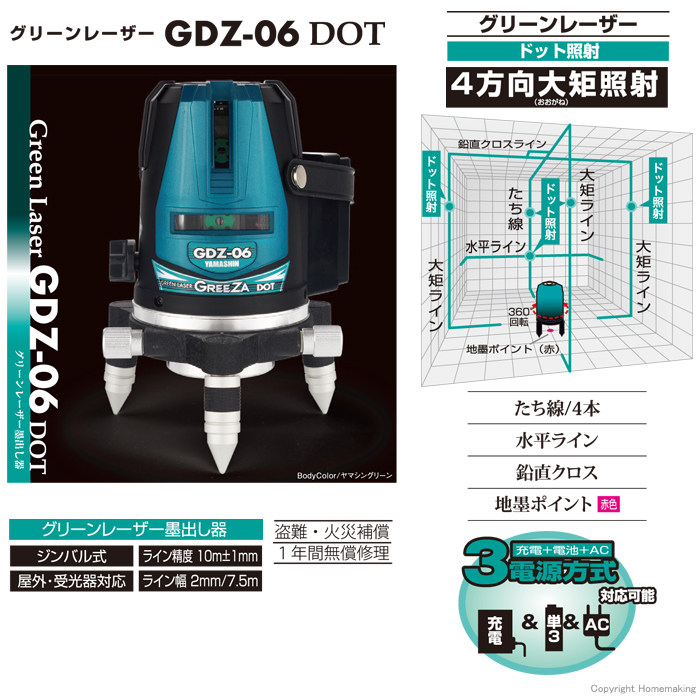 超高精度ドット照射 レーザー墨出し器 グリーンレーザーGDZシリーズ