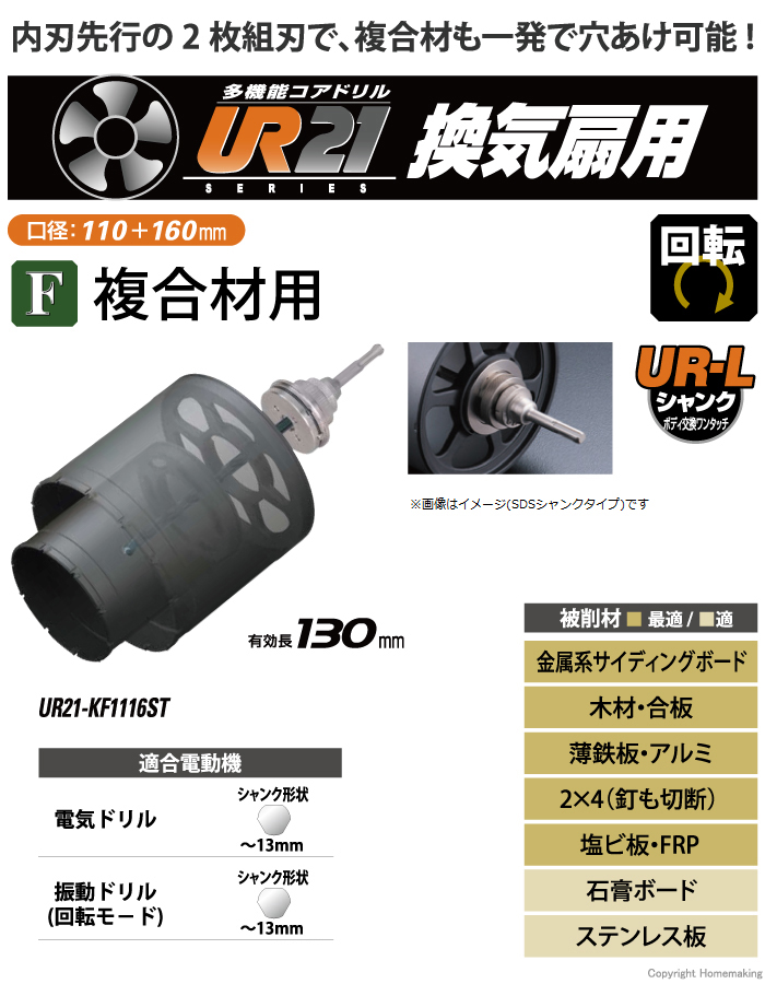 ユニカ 多機能コアドリルUR21 換気扇用コアドリル 複合材用 ストレート
