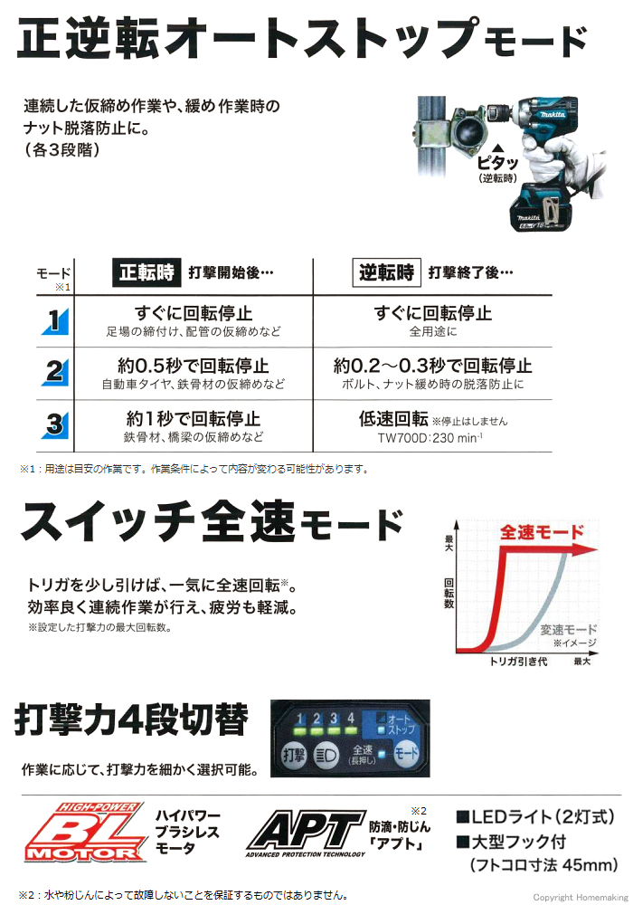 正逆転オートストップモード　スイッチ全速モード　打撃力4段切替