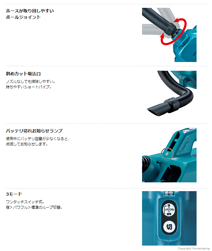 ホースが取り回しやすい　ボールジョイント　斜めカット吸込口　バッテリ切れお知らせランプ　3モード