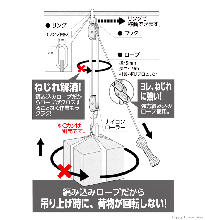 卓出 オーエッチ工業 ホイストロープ ＨＲ−１ １個 メーカー直送