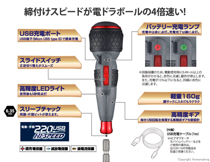 ベッセル 電ドラボール ハイスピード(＋2×100付属)::220USB-S1|ホームメイキング【電動工具・大工道具・工具・建築金物・発電機の卸値通販】