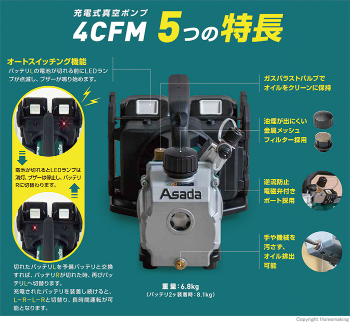 アサダ 充電式真空ポンプ1.5CFM-BC(バッテリ無・ケース付) VP154