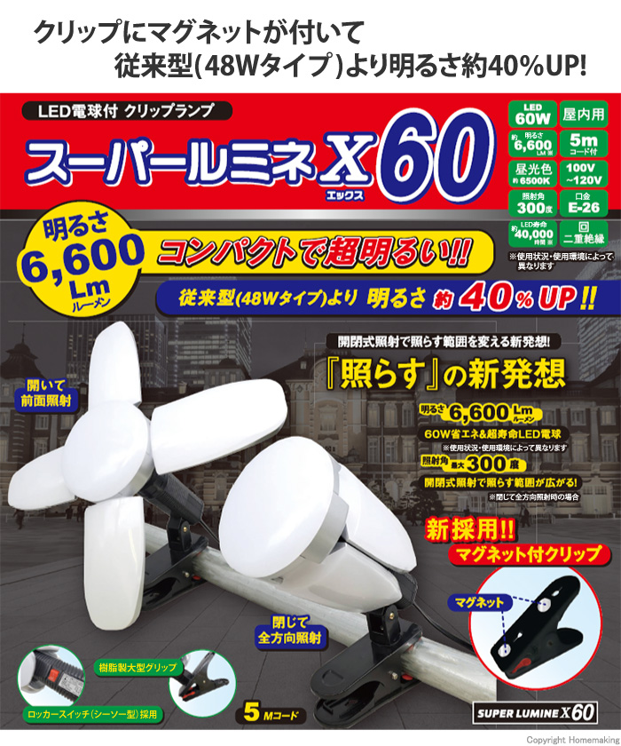 LED電球付クリップランプ スーパールミネX60 60W