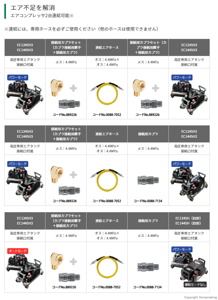 エアコンプレッサ2台連結可能