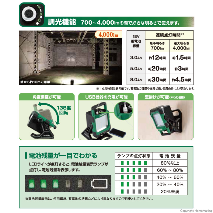 ハイコーキ 18V コードレスワークライト(本体のみ)::UB18DC(NN)|ホームメイキング【電動工具・大工道具・工具・建築金物・発電機の卸値通販】