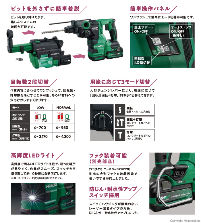 ハイコーキ 36V マルチボルトコードレスロータリハンマドリル(2.5Ah