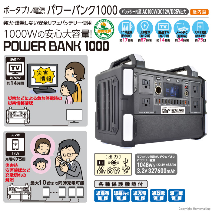 NICHIDO(日動) ポータブル電源 パワーバンク1000::LPE-R1000L|ホーム