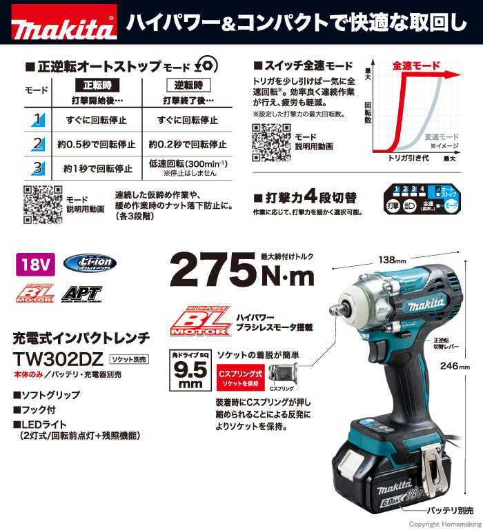 マキタ 18V 充電式インパクトレンチ(本体のみ)::TW302DZ|ホーム